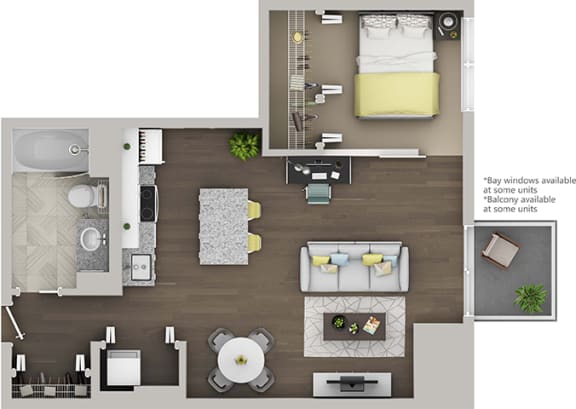 a floor plan of a studio apartment with a bedroom and a living room
