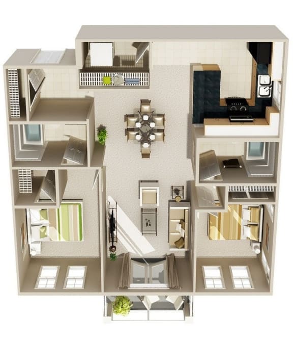 A 3D floor plan of a house with a kitchen, living room, and two bedrooms.