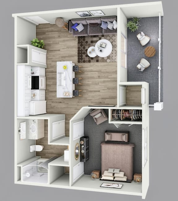 A top-down view of a well-organized apartment with a living room, kitchen, and bedroom.