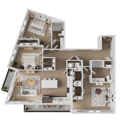 A detailed 3D floor plan of a house showing all rooms and their layouts.