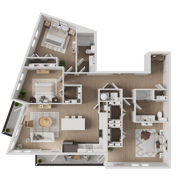 A detailed 3D floor plan of a house showing all rooms and their layouts.