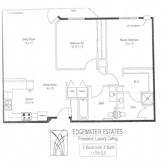 A floor plan for the Edenwater Estates shows a 2 bedroom, 2 bathroom apartment.