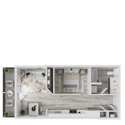 3D studio floor plan with balcony and full bath at Cantarra Apartments, Manor, TX
