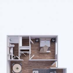 A top-down view of a small apartment with a kitchen, living room, and bedroom.