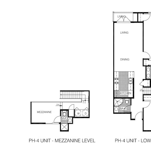 A floor plan of a Mezzanine Level and Lower Level of a building.