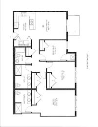 A floor plan of a building with multiple rooms and labeled with text.