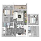 A top-down view of a house layout with a kitchen, living room, and bathroom.