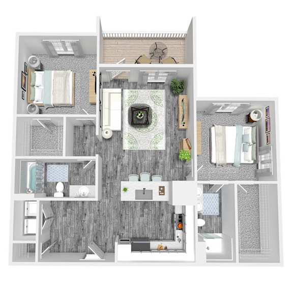 A top-down view of a house layout with a kitchen, living room, and bathroom.