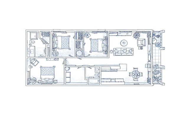 Floor Plan  A floor plan of a house with a kitchen, living room, and two bedrooms.