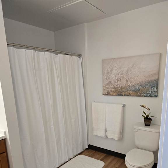 a small bathroom with a bed and a wooden floor