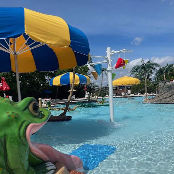a view of a pool from a water slide at a water park