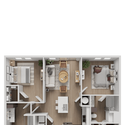 A top-down view of a house layout with a living room, kitchen, dining area, and bedrooms.