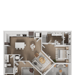 A top-down view of a house layout with a central living area, kitchen, and bedrooms.