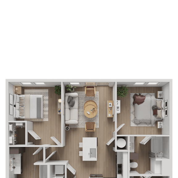 A top-down view of a house layout with a living room, kitchen, dining area, and bedrooms.