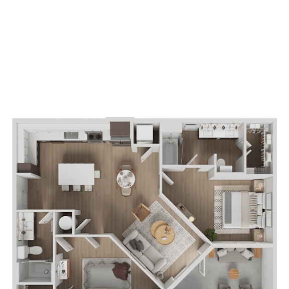 A top-down view of a house layout with a central living area, kitchen, and bedrooms.
