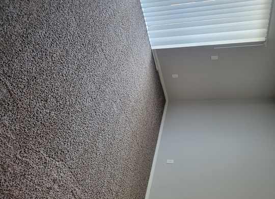 A corner of a room with a carpeted wall and a window with blinds.
