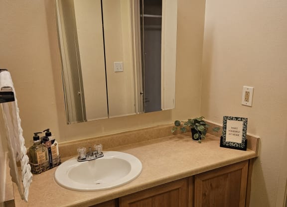 Ventana Apartment bathroom with brown cabinets