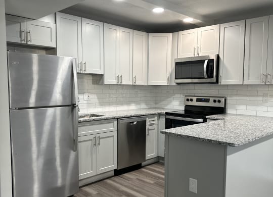 Renovated kitchen with stainless steel appliances and upgraded cabinets, flooring, and  counter tops