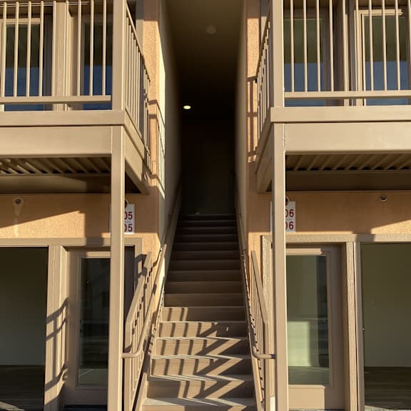 a view of the balconies of an apartment building