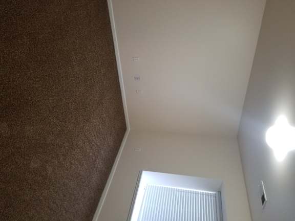 A white wall with a window and a brown carpet.