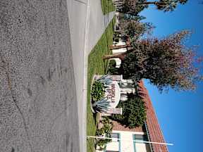 Mature trees and landscaping in front of Magnolia Apartments in Riverside, California.