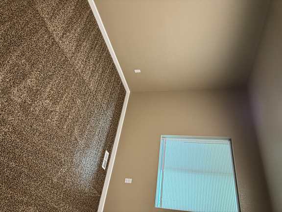 A room with a window and a brown carpet.