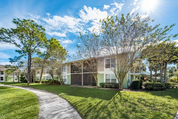Sidewalk, Trees, and apartments in the background.