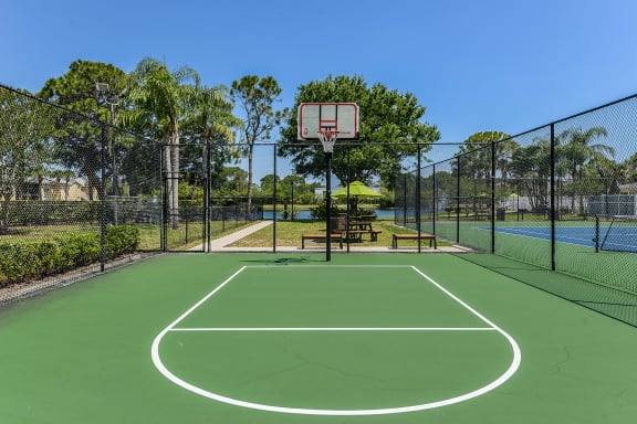 Basketball court with tennis court to the right and grilling area behind.