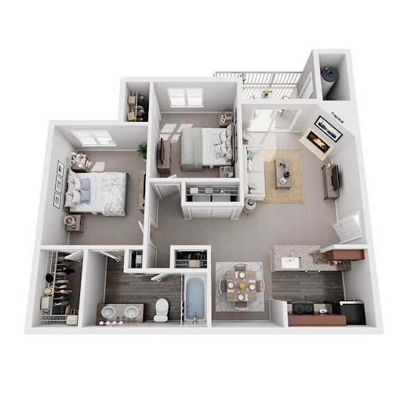 A 3D floor plan of a small apartment with a bedroom, living room, kitchen, and bathroom.