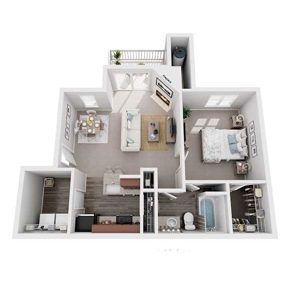 A 3D rendered image of a house layout.