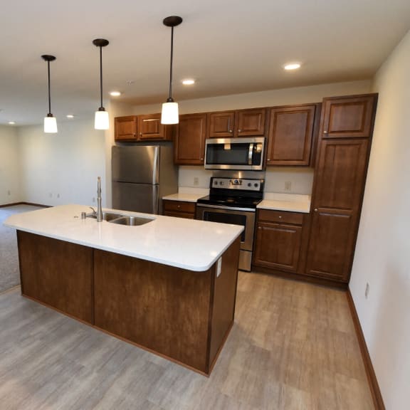a kitchen with wooden cabinets and stainless steel appliances