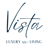A logo with the word "Vista" in cursive script above the words "LUXURY 55+ LIVING".