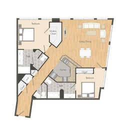 B2 – 2 Bedroom 2.5 Bath Floor Plan Layout – 1228 Square Feet at Aqua Via Apartments, Oakland, CA