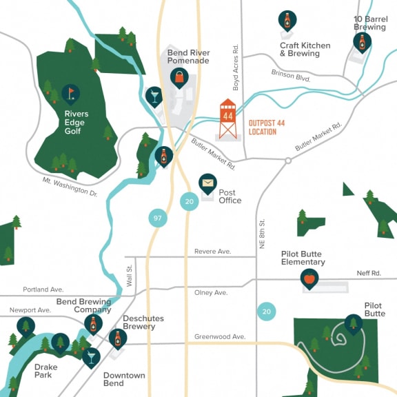 a map of a golf course with a path and markers