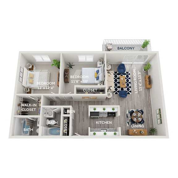 A diagram of a house layout with a bedroom, bathroom, kitchen, dining area, and balcony. at The Heights Apartments, Cincinnati, 45220