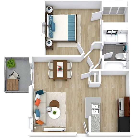A top-down view of a small apartment with a bedroom, living room, kitchen, and bathroom.