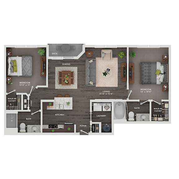 A floor plan of a house with a living room, dining room, kitchen, and bathrooms.