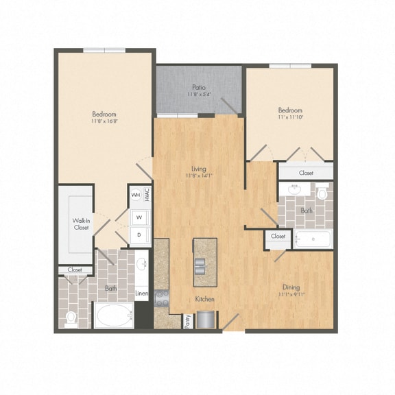 2 bedroom 2 bath floor plan at The Met Apartment Homes, Hattiesburg, MS