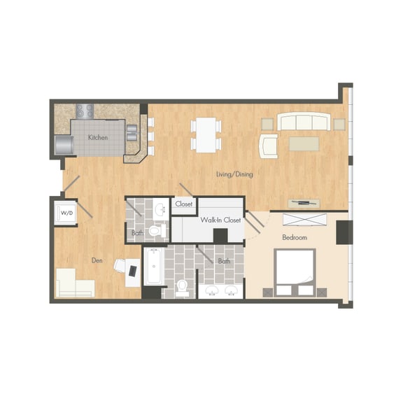 A2 &#x2013; 1 Bedroom 1.5 Bath Floor Plan Layout &#x2013; 958 Square Feet