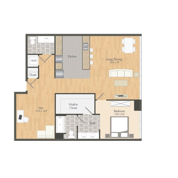 A3 &#x2013; 1 Bedroom 1.5 Bath Floor Plan Layout &#x2013; 1004 Square Feet