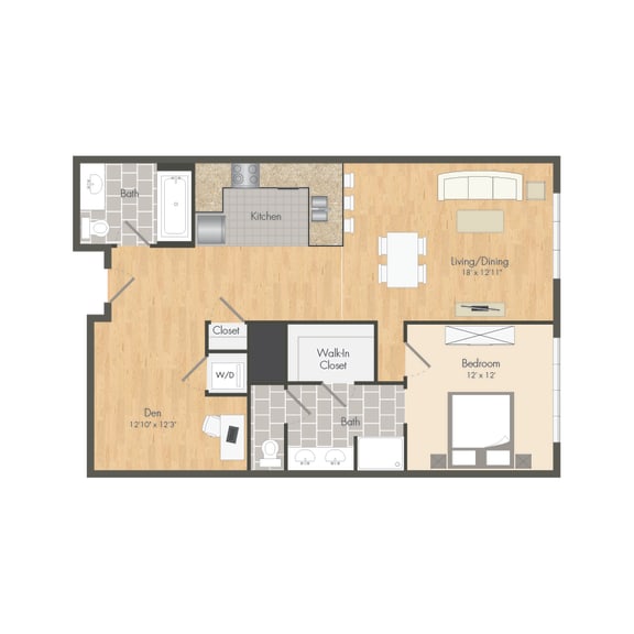 A4 &#x2013; 1 Bedroom 2 Bath Floor Plan Layout &#x2013; 1062 Square Feet