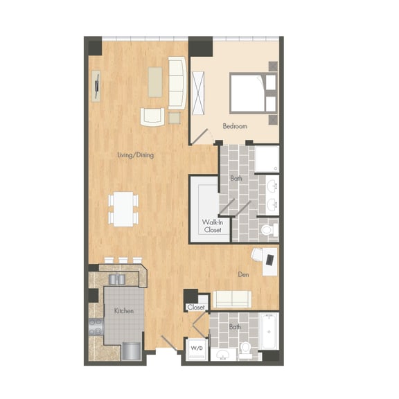 A5 &#x2013; 1 Bedroom 2 Bath Floor Plan Layout &#x2013; 1100 Square Feet