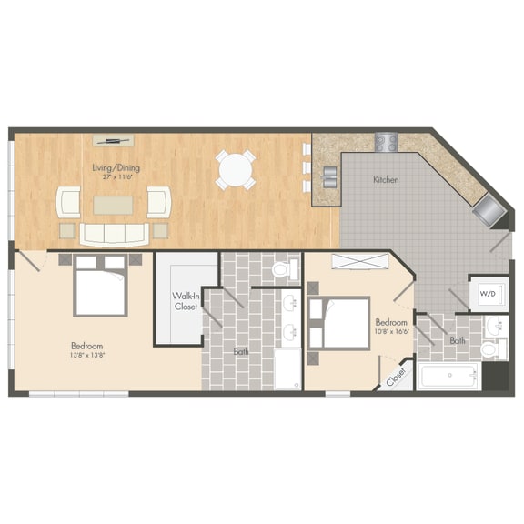 B3 – 2 Bedroom 2 Bath Floor Plan Layout – 1281 Square Feet at Aqua Via Apartments, Oakland