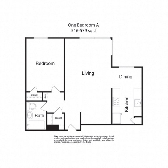 Floor Plan  One BedroomA 1b1b 516-579sf at Lock Vista, Seattle, 98107