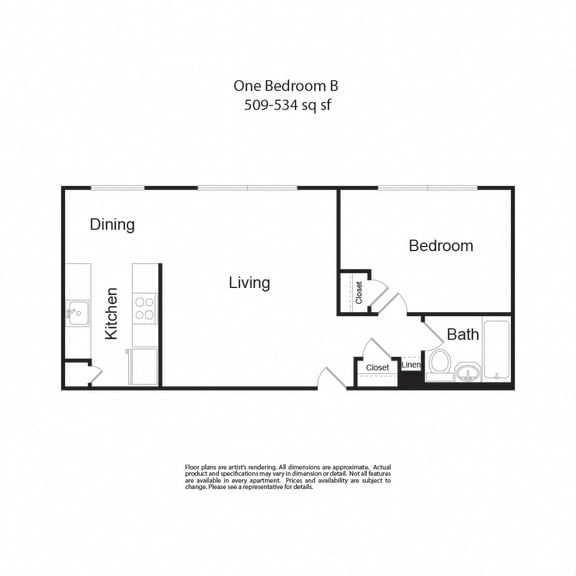 Floor Plan  One BedroomB 1b1b 509-534sf at Lock Vista, Seattle, Washington