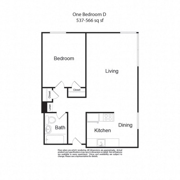 Floor Plan  One BedroomD 1b1b 537-566sf at Lock Vista, Washington
