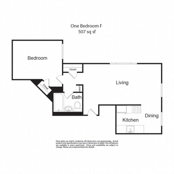 Floor Plan  One BedroomF 1b1b 507sf at Lock Vista, Seattle, WA, 98107