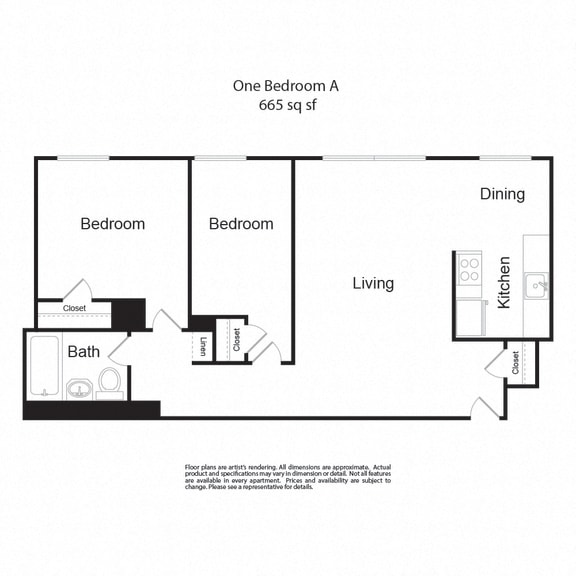 Floor Plan  Two BedroomA 2b1b 665sf at Lock Vista, Seattle, WA