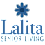 A blue graphic with a flower and the words "Senior Living" in the background.