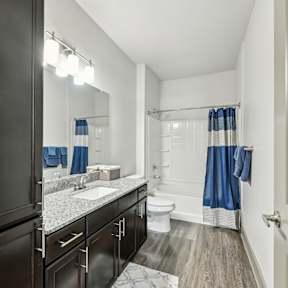 A bathroom with a sink, mirror, toilet and shower.
